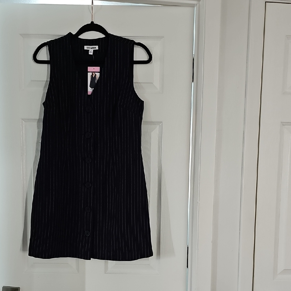 NWT Steve Madden Pinstripe Sleeveless V-Neck Button Front Dress - Small - Picture 2 of 12